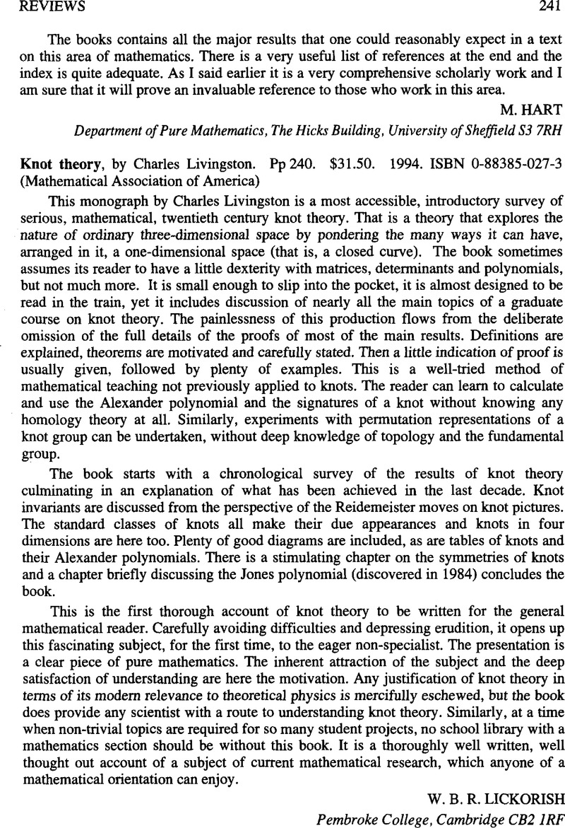 Knot theory, by Charles Livingston. Pp 240. $31.50. 1994. ISBN 0-88385 ...