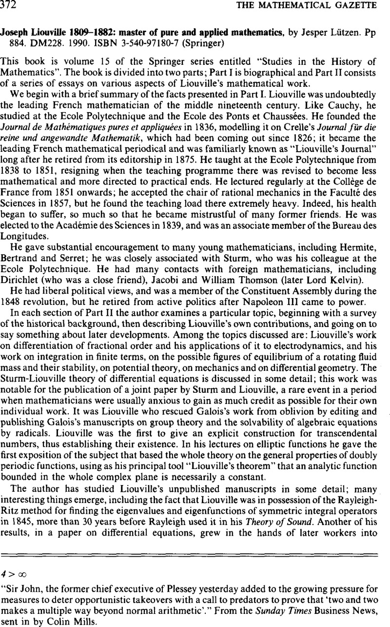 Joseph Liouville 1809-1882: master of pure and applied mathematics, by ...