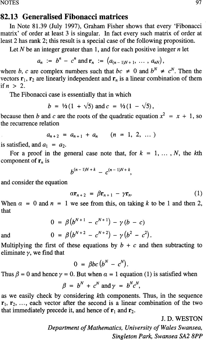 82.13 Generalised Fibonacci matrices | The Mathematical Gazette ...