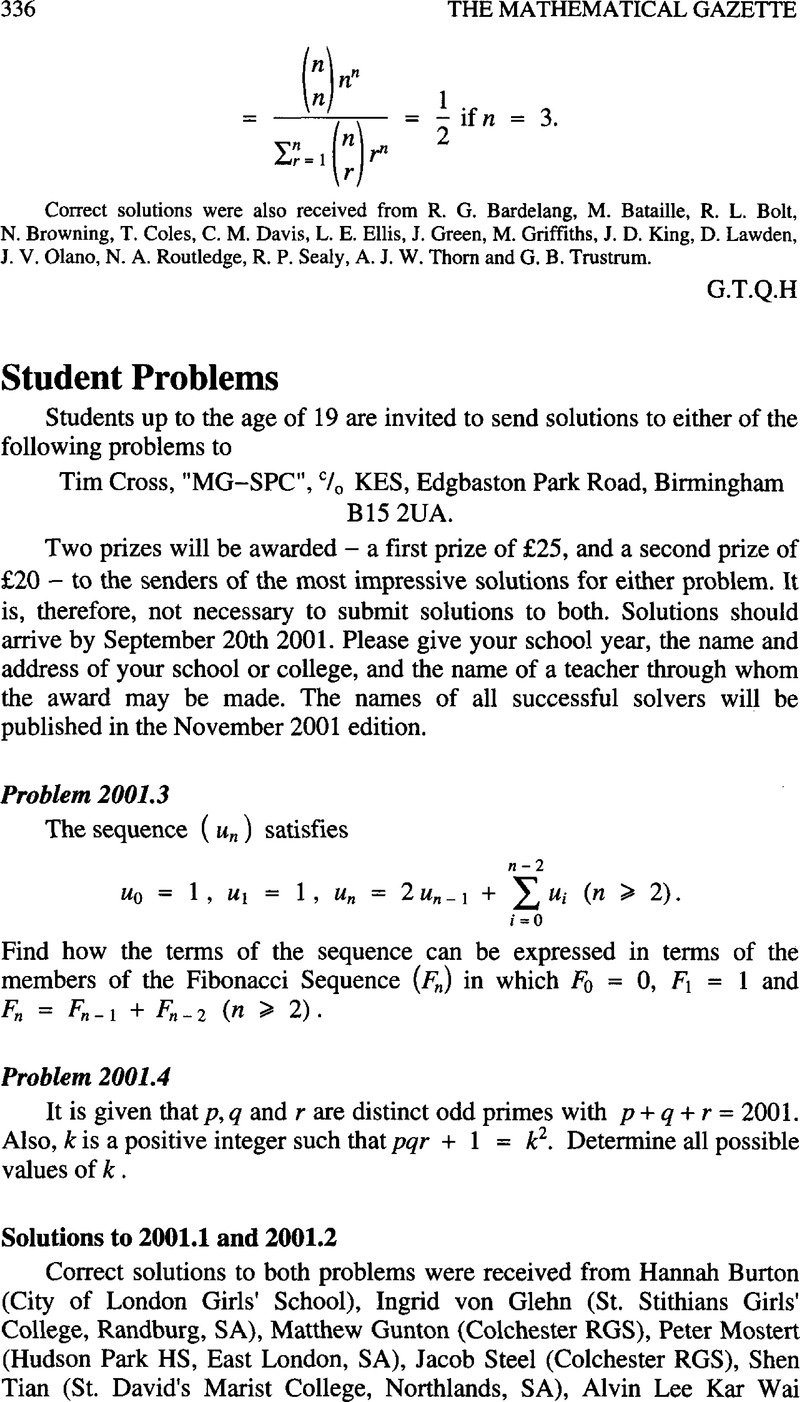 Student Problems The Mathematical Gazette Cambridge Core