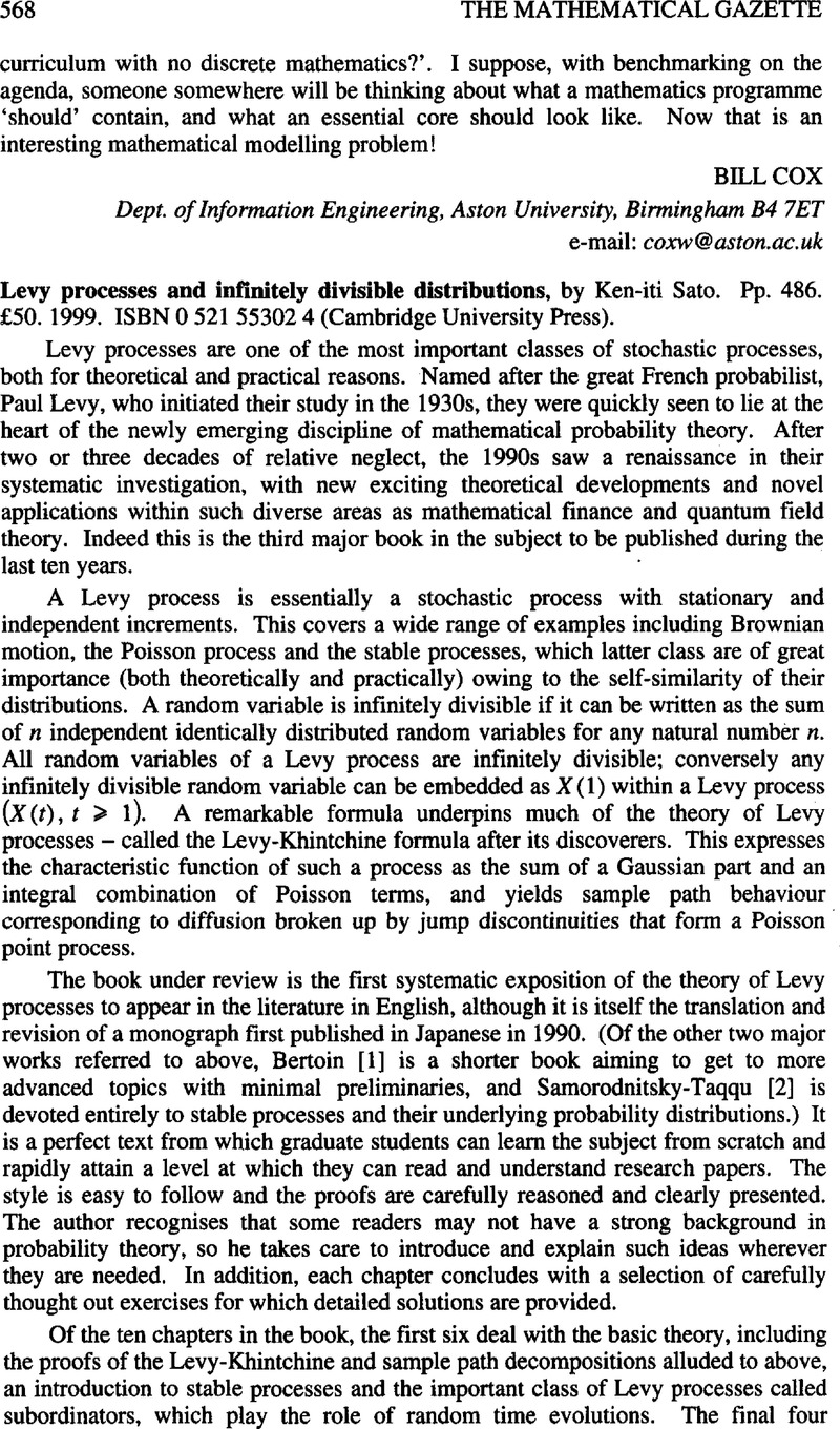 Levy processes and infinitely divisible distributions, by Ken-iti Sato ...