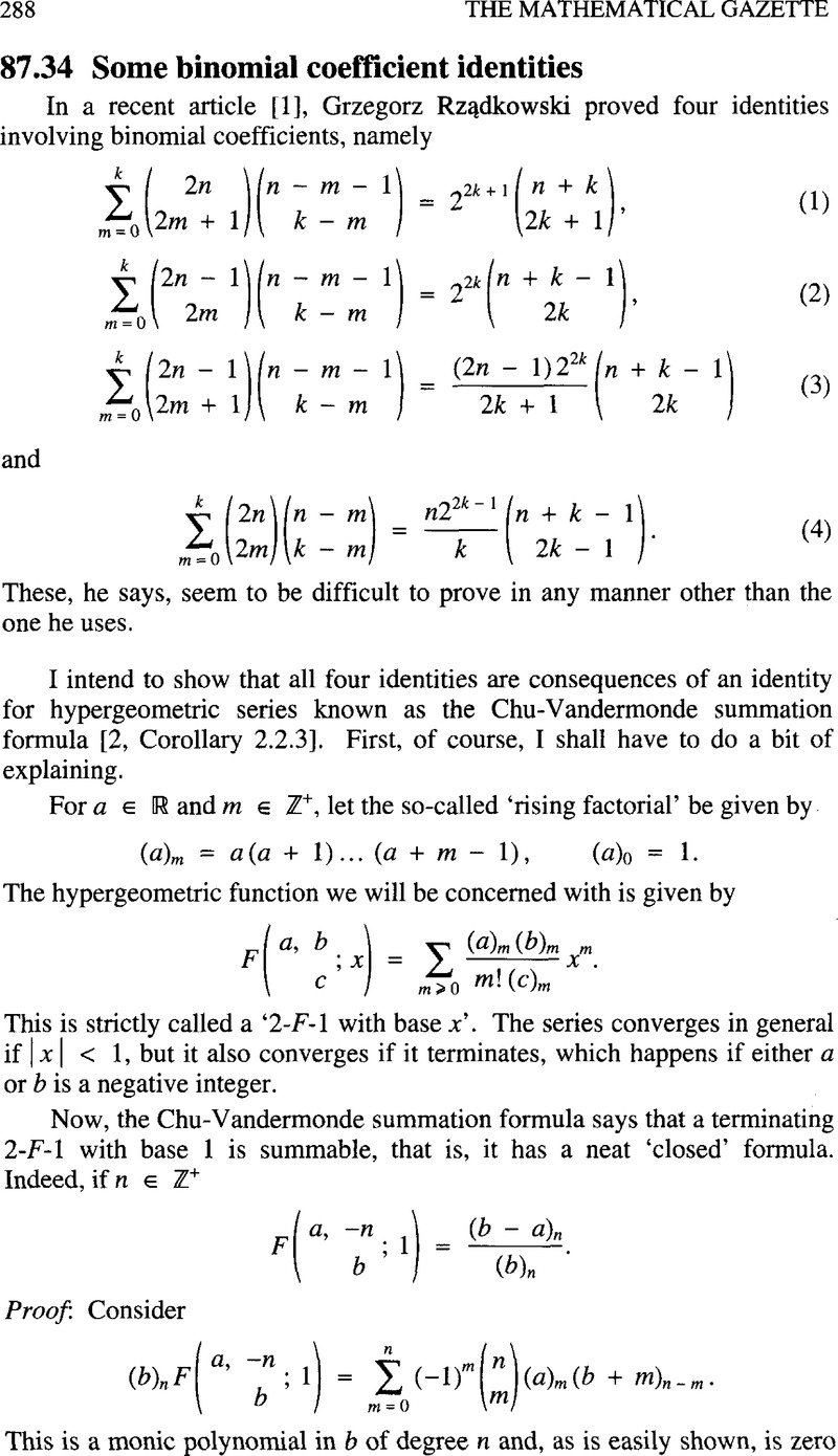 87.34 Some Binomial Coefficient Identities | The Mathematical Gazette ...