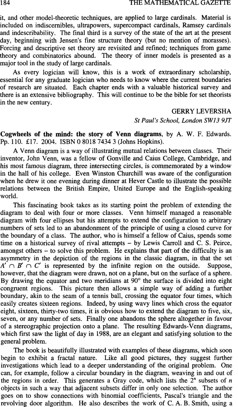 Cogwheels of the mind: the story of Venn diagrams, by A. W. F. Edwards ...