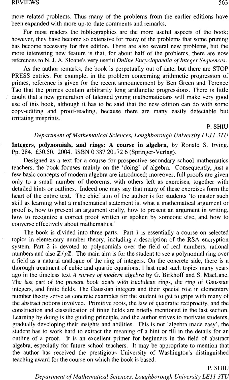 Integers, polynomials, and rings: A course in algebra, by Ronald S ...