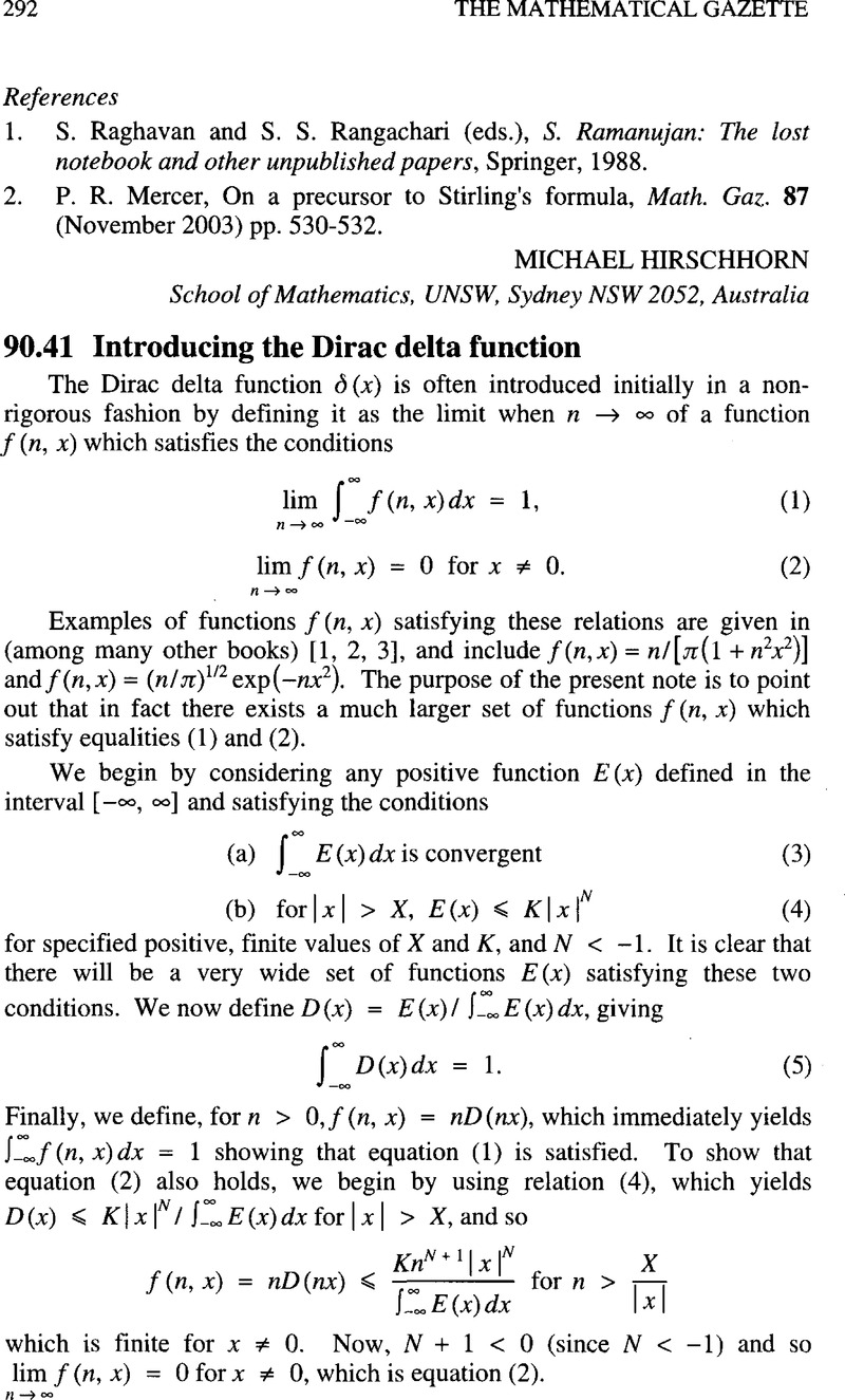 90 41 Introducing The Dirac Delta Function The Mathematical Gazette Cambridge Core