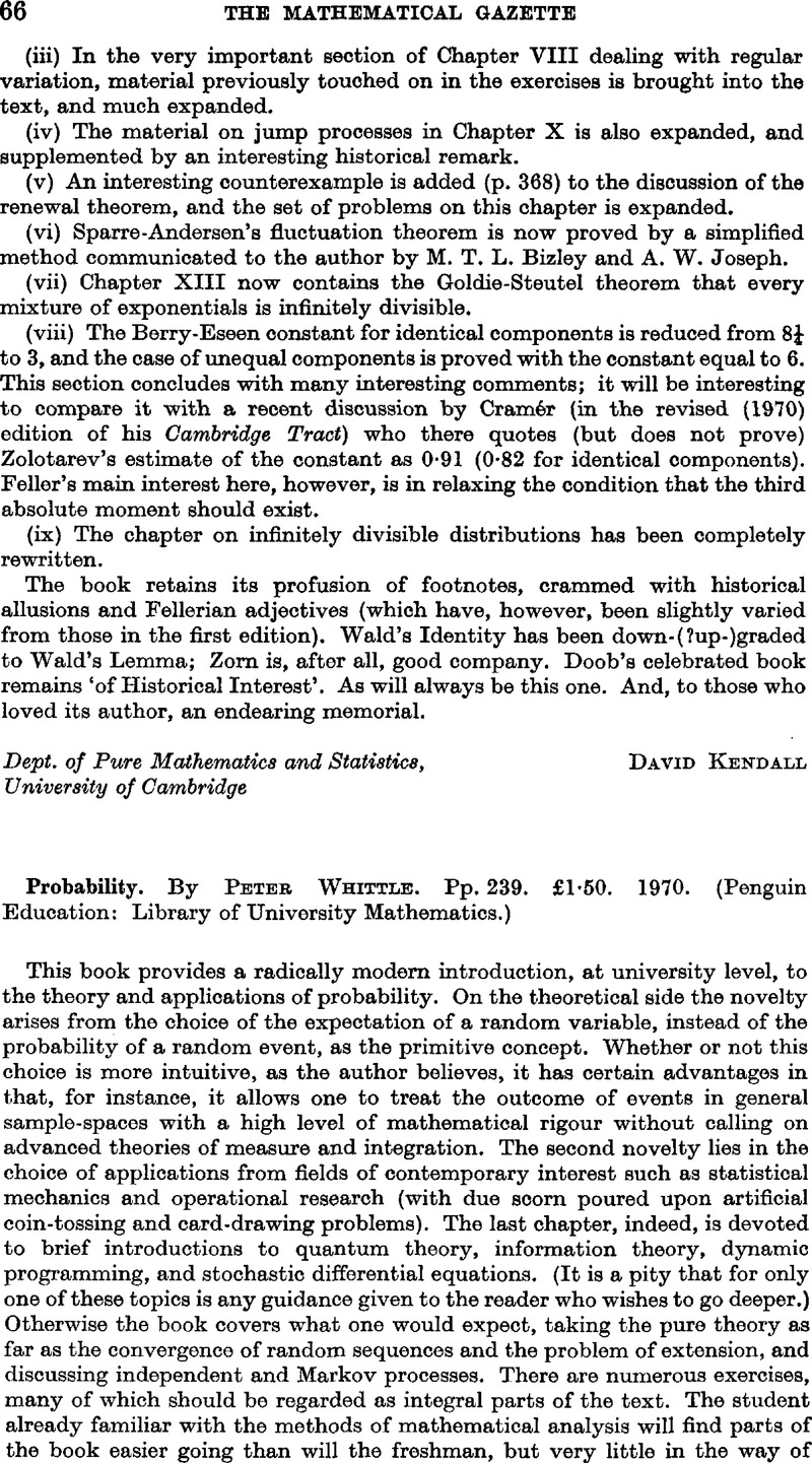 Probability. By Peter Whittle. Pp. 239. £1·50. 1970. (Penguin Education ...