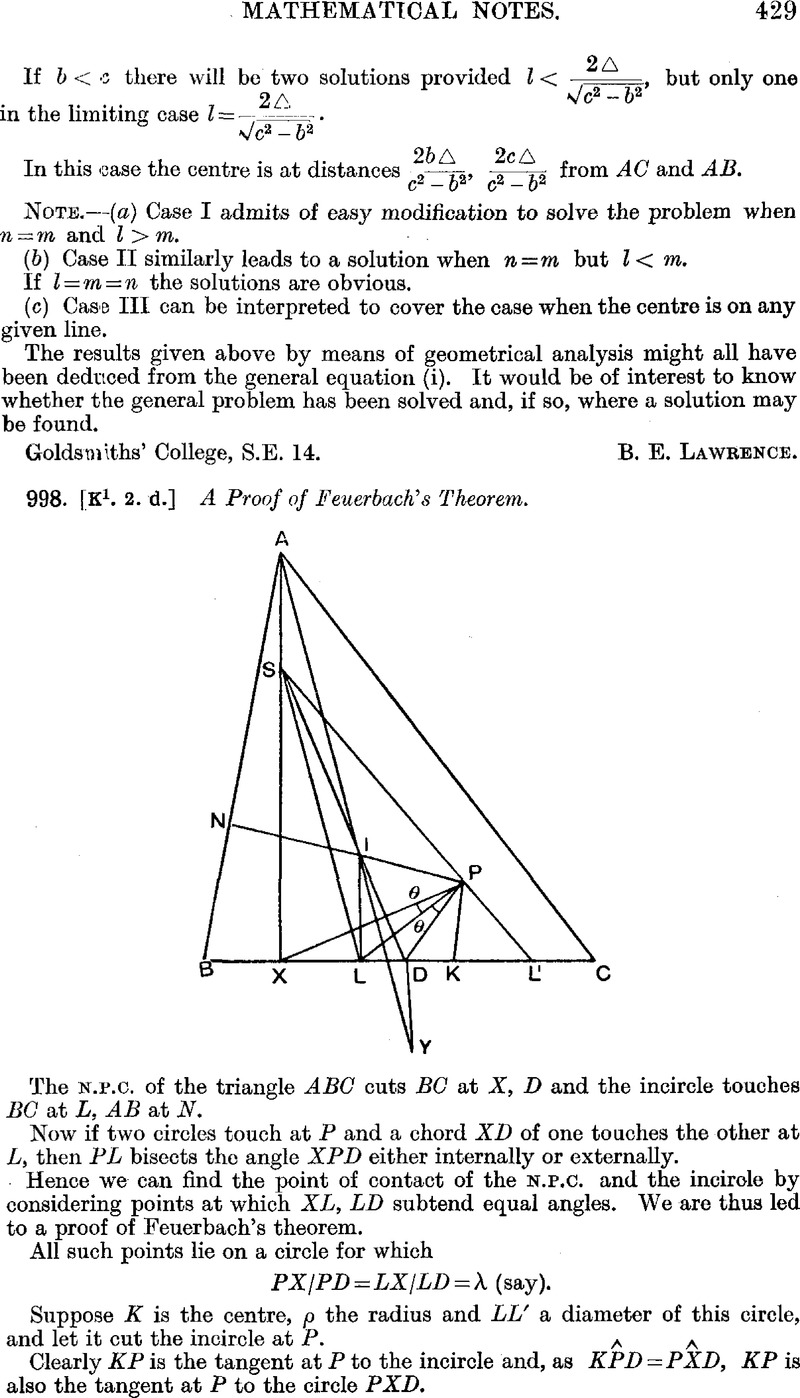 998. [K1. 2. d.] A Proof of Feuerbach’s Theorem | The Mathematical ...