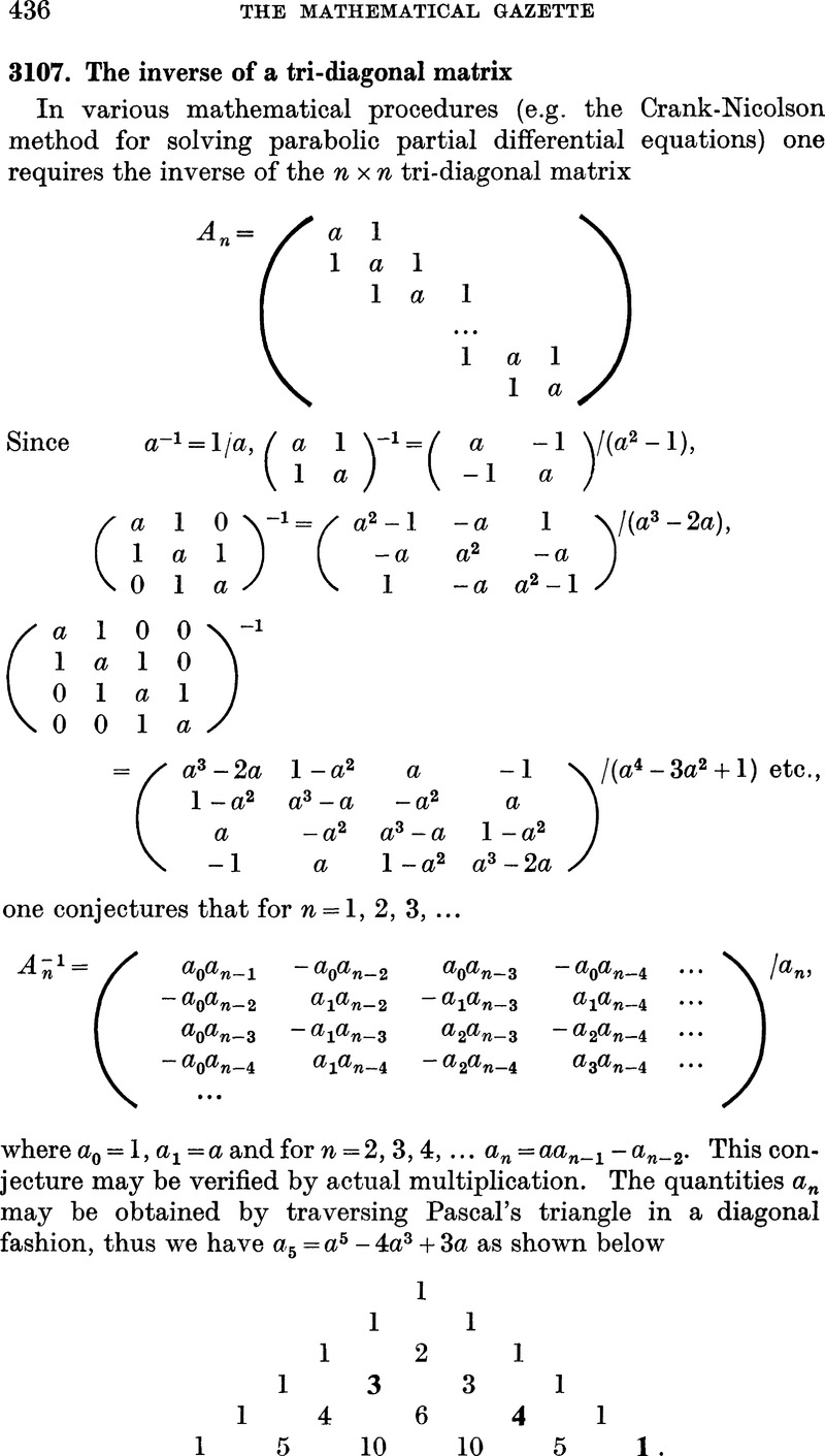 3107 The Inverse Of A Tri Diagonal Matrix The Mathematical Gazette Cambridge Core 4068