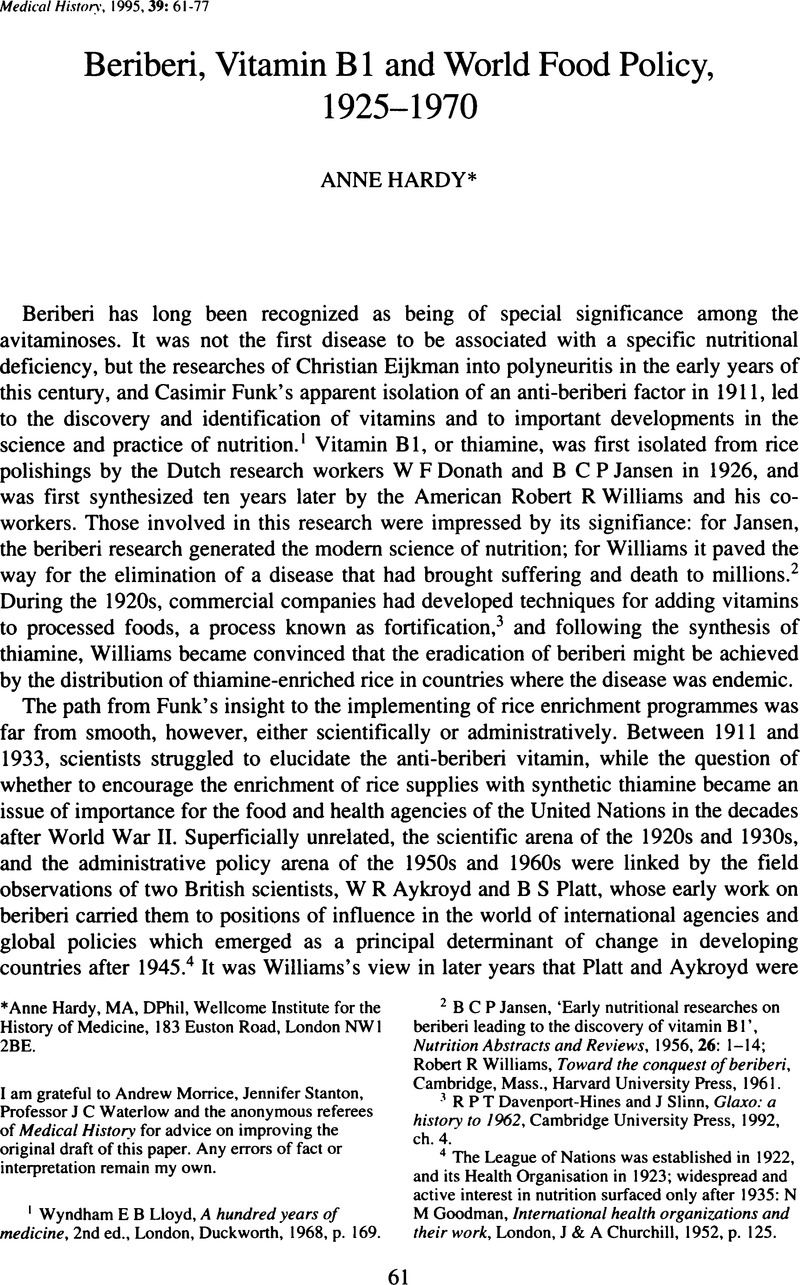 Beriberi, Vitamin B1 and World Food Policy, 19251970 Medical History