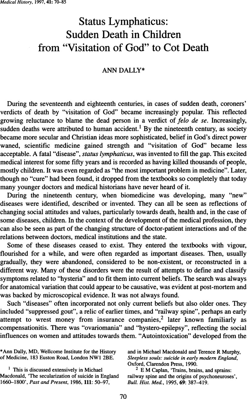 Status lymphaticus Sudden death in children from “visitation of God” to cot death Medical