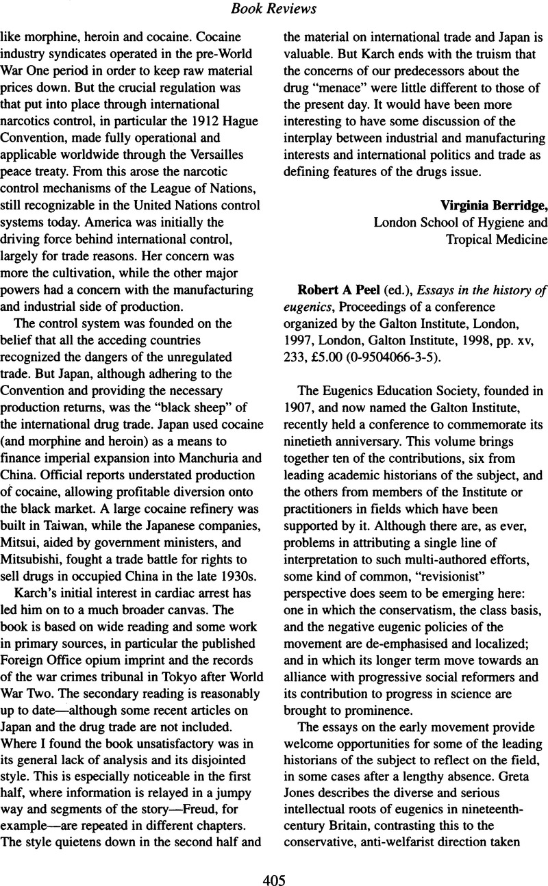Robert A Peel (ed.), Essays in the history of eugenics, Proceedings of ...