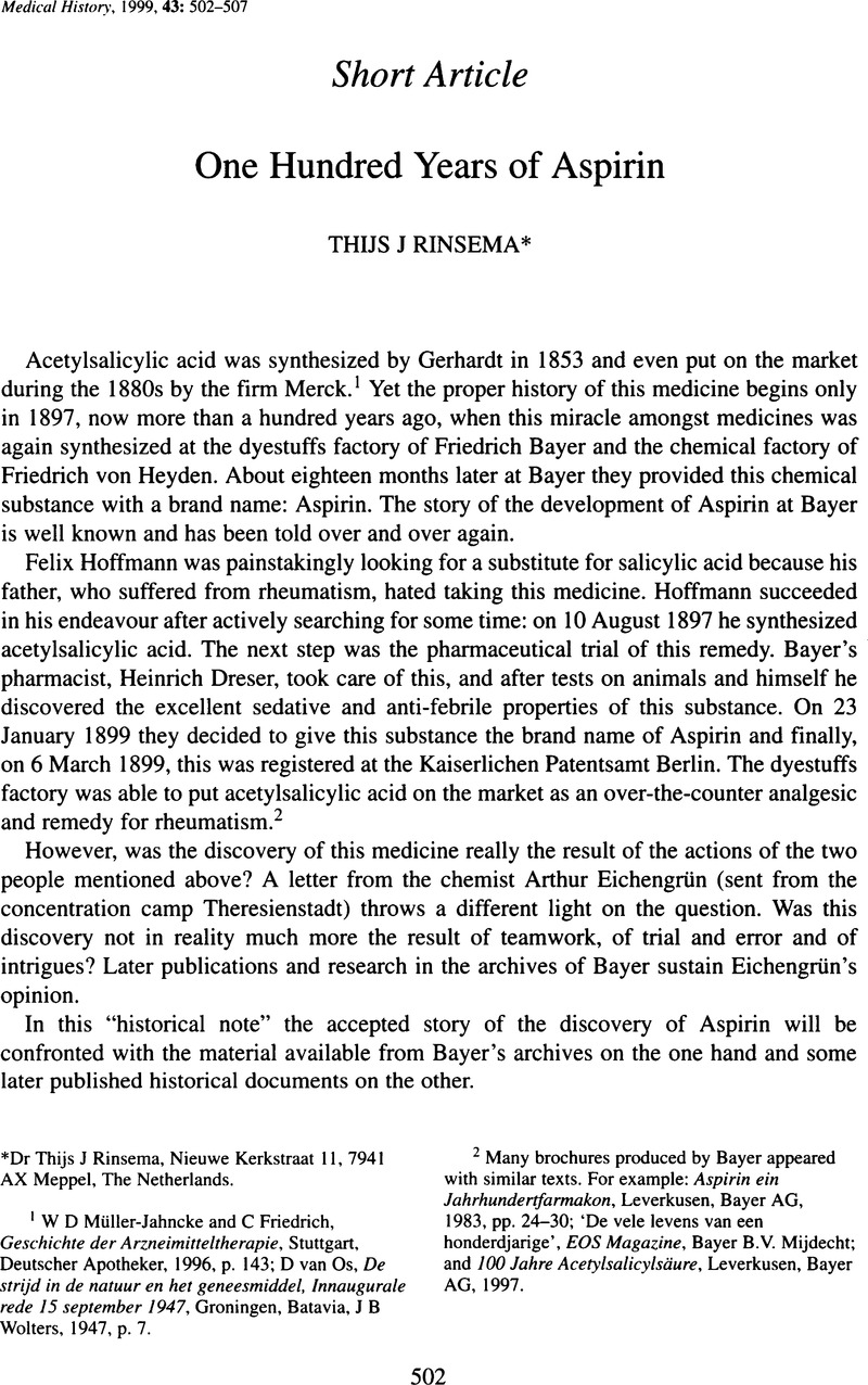 One hundred years of aspirin Medical History Cambridge Core