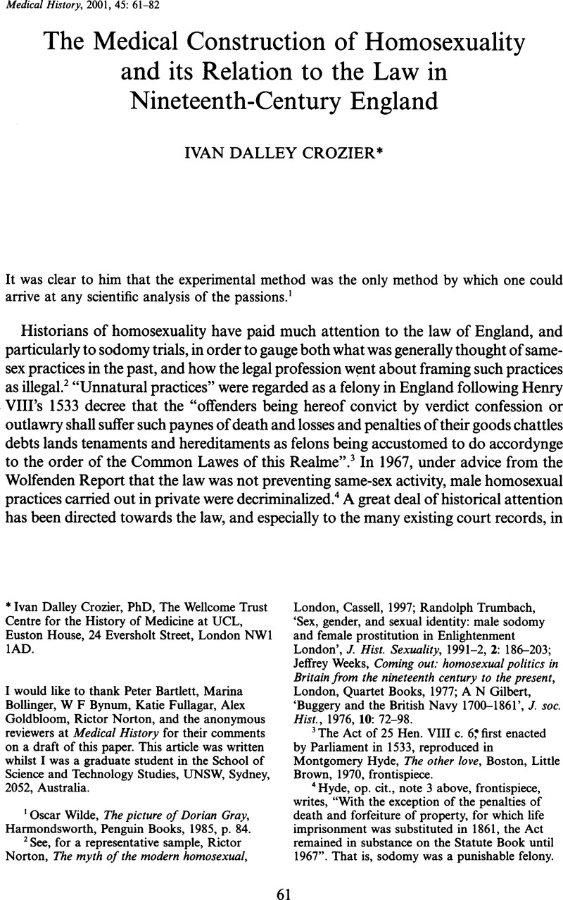 The Medical Construction Of Homosexuality And Its Relation To The Law In Nineteenth Century