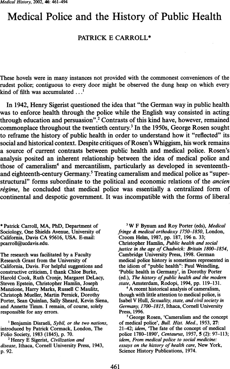 Medical police and the history of public health | Medical History ...