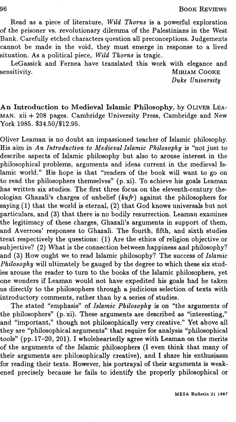 An Introduction to Medieval Islamic Philosophy, by Oliver Leaman. xii ...