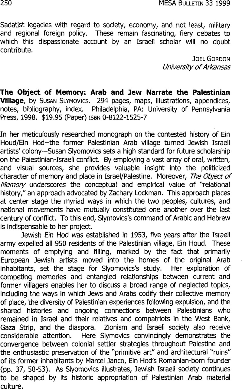 The Object of Memory: Arab and Jew Narrate the Palestinian Village