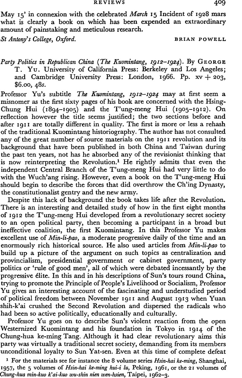 Party Politics in Republican China (The Kuomintang, 1912–1924). By