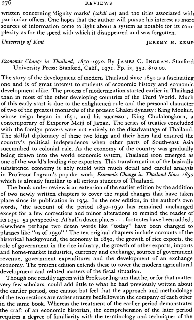 Economic Change in Thailand, 1850–1970. By James C. Ingram 