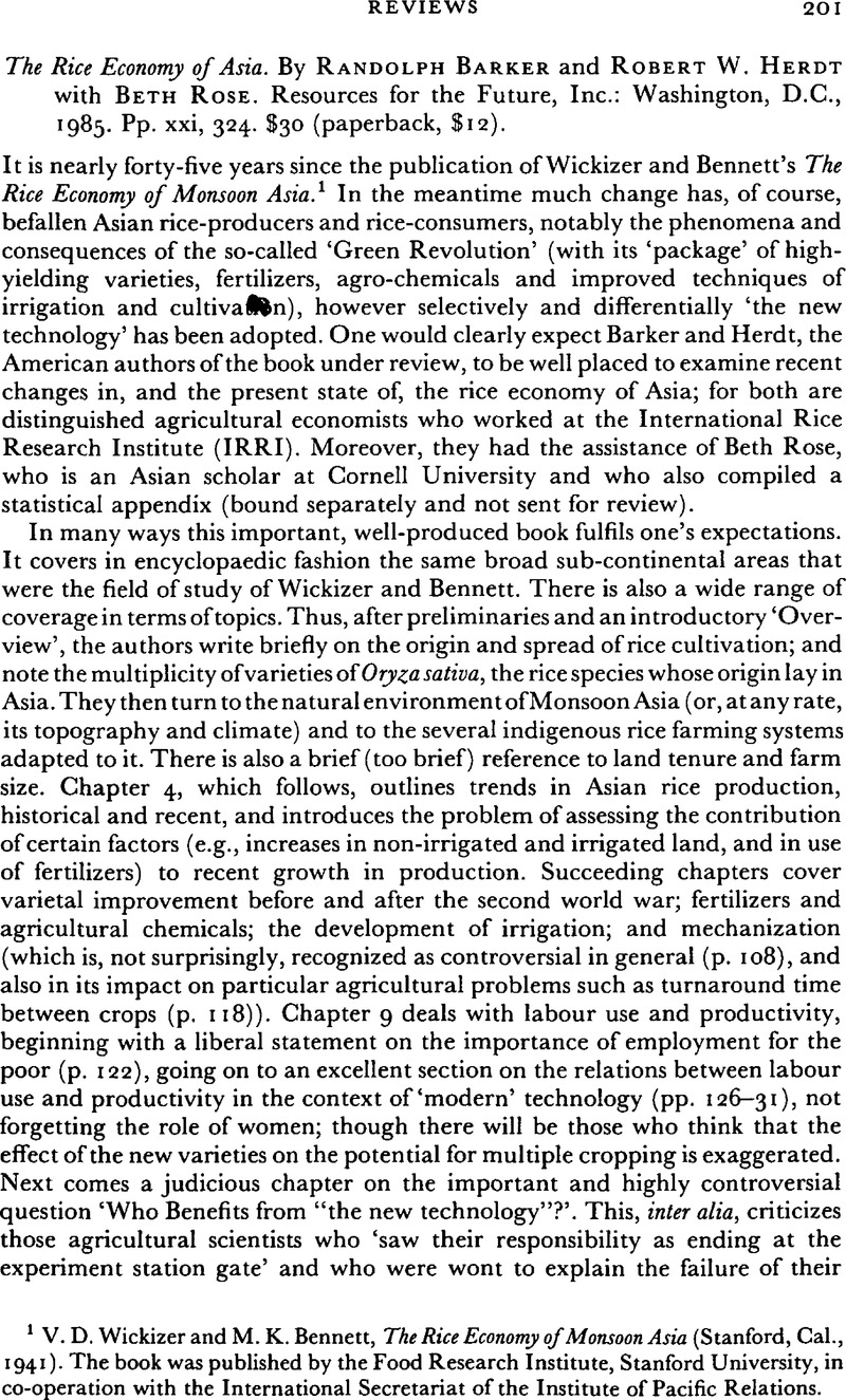 The Rice Economy of Asia. By Randolph Barker and Robert W. Herdt with