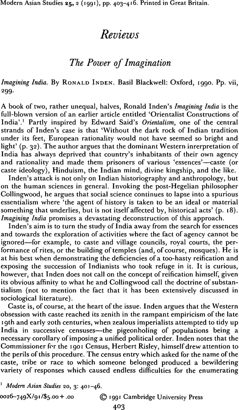 The Power of Imagination Imagining India. By Ronald Inden. Basil