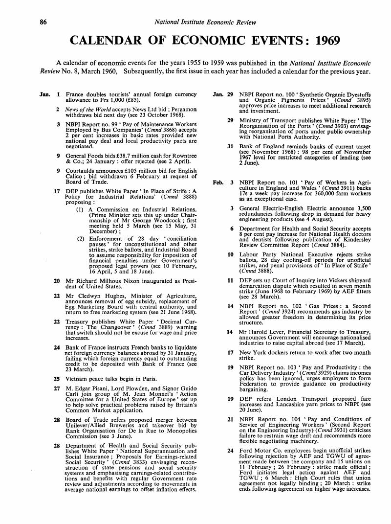 Calendar of Economic Events 1969 National Institute Economic Review