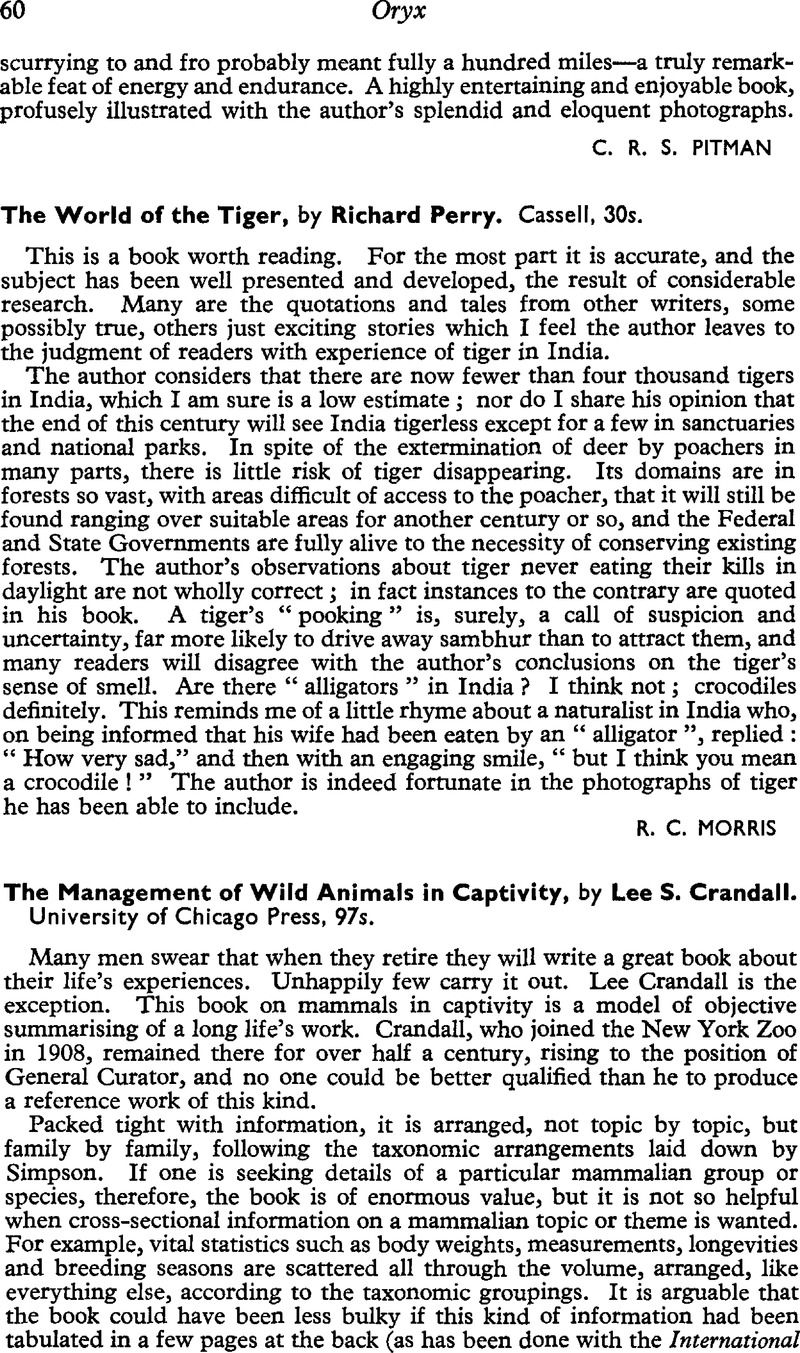 The Management Of Wild Animals In Captivity By Lee S Crandall