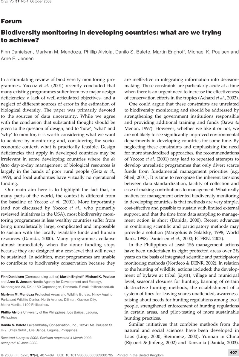 Biodiversity monitoring in developing countries what are we