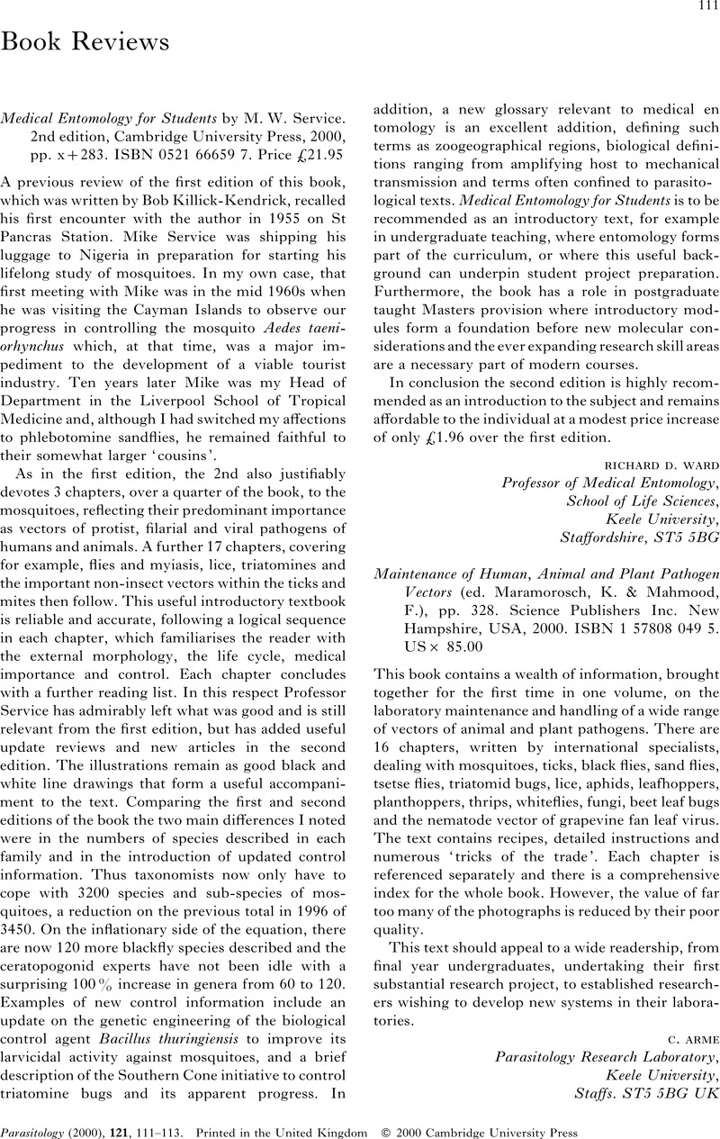 Nematode Parasites of Vertebrates. Their Transmission and Development ...