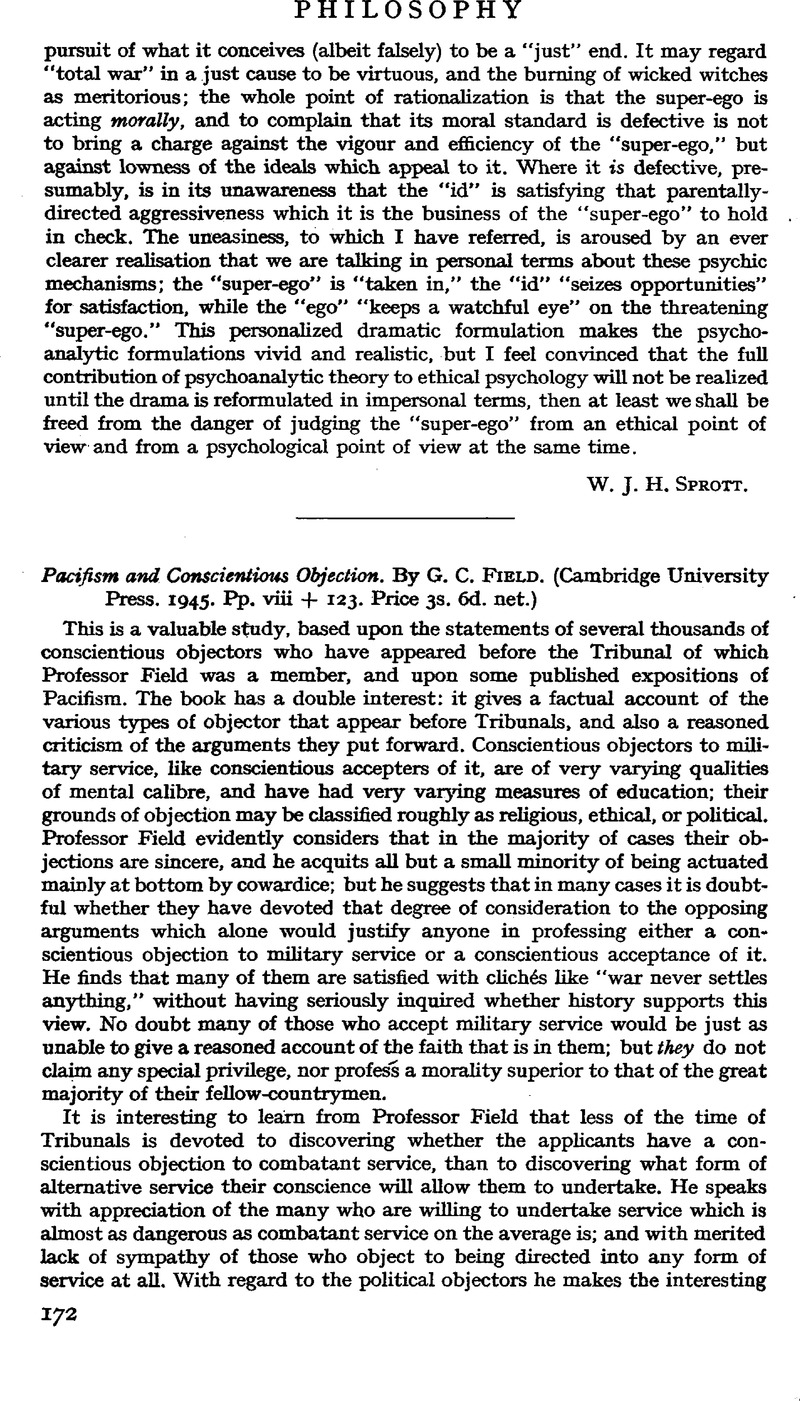 Pacifism and Conscientious Objection. By G. C. Field. (Cambridge ...