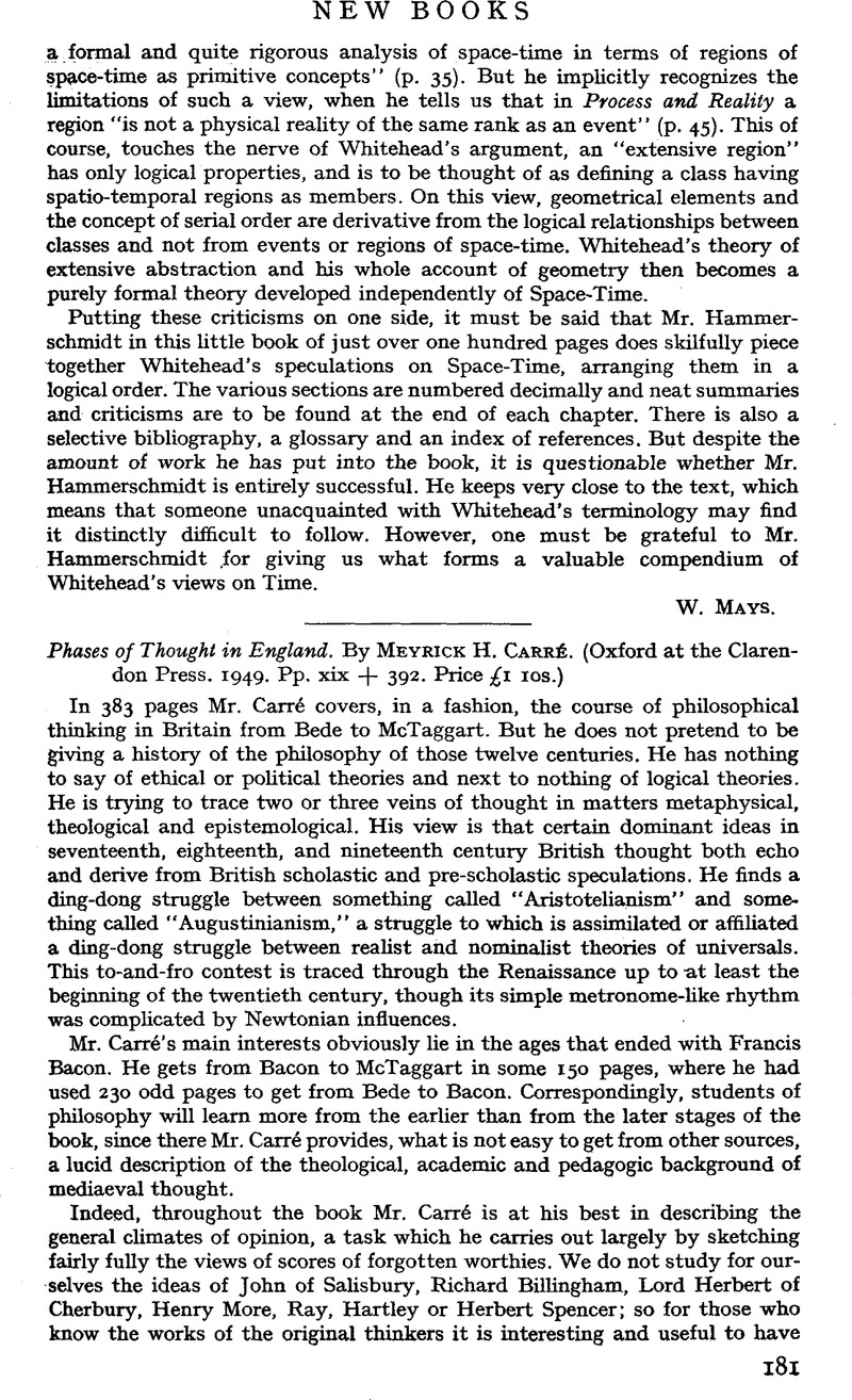 Phases of Thought in England. By Meyrick H. Carré. (Oxford at the ...