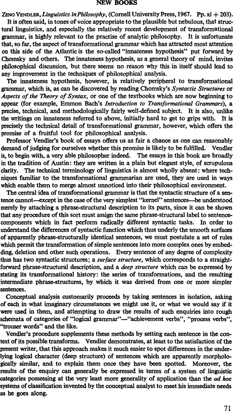 Zeno Vendler, Linguistics in Philosophy, (Cornell University Press