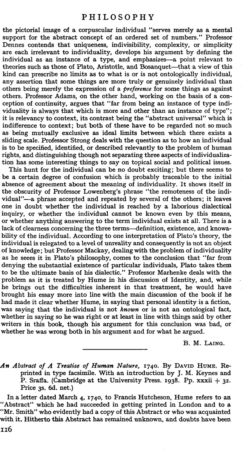 An Abstract of A Treatise of Human Nature, 1740. By David Hume ...