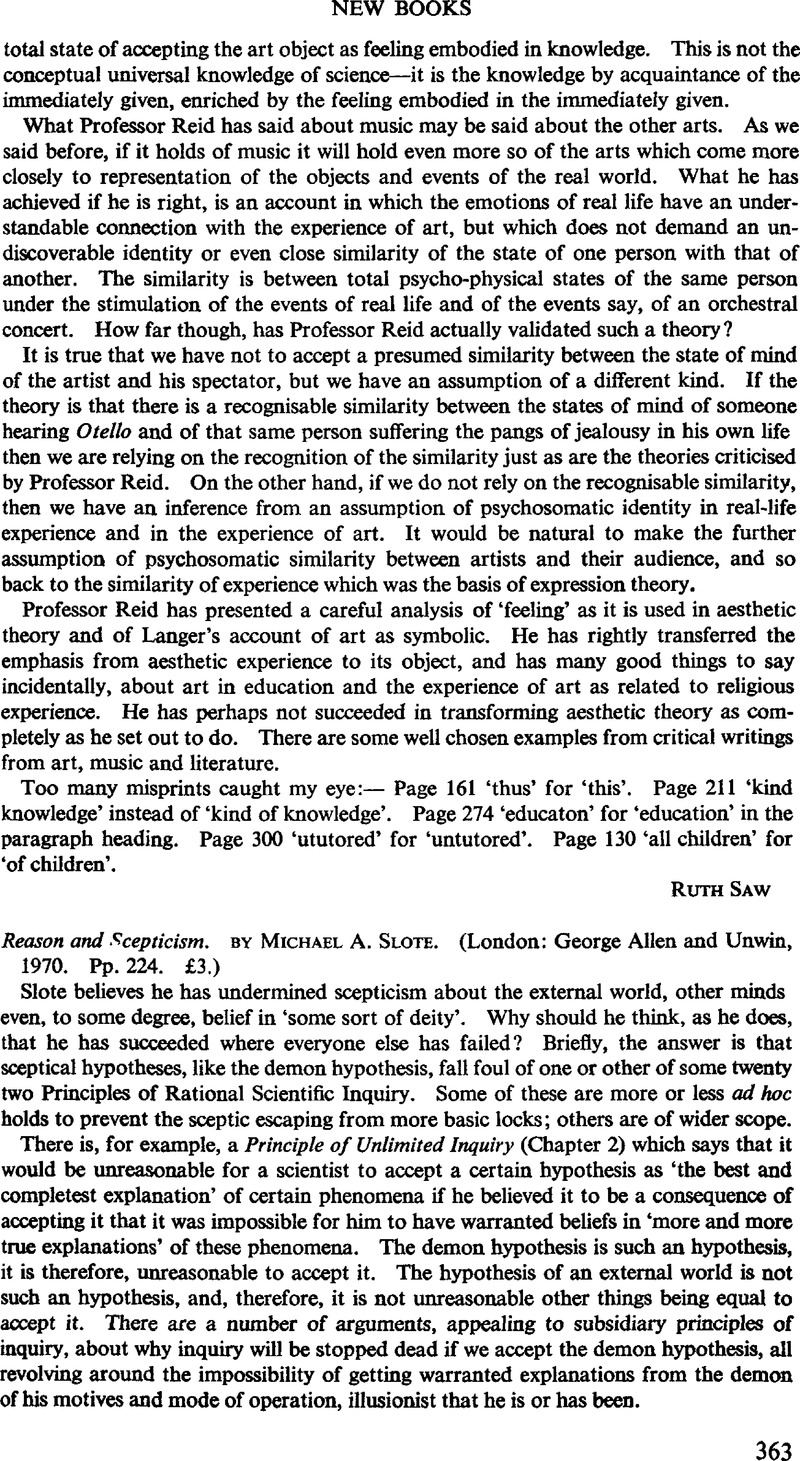 Reason and Scepticism, By Michael A. Slote. (London: George Allen and ...