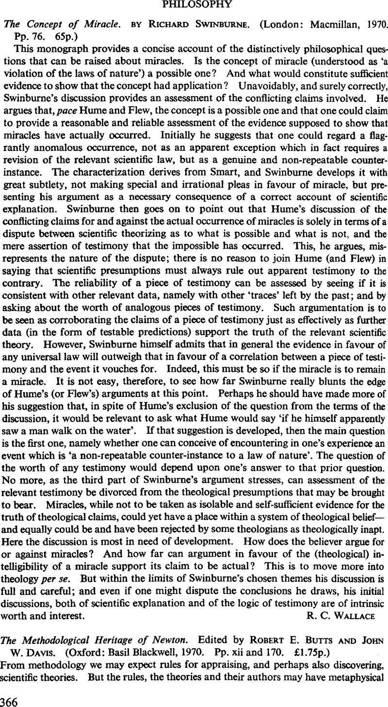 The Concept Of Miracle, By Richard Swinburne. (london: Macmillan, 1970 