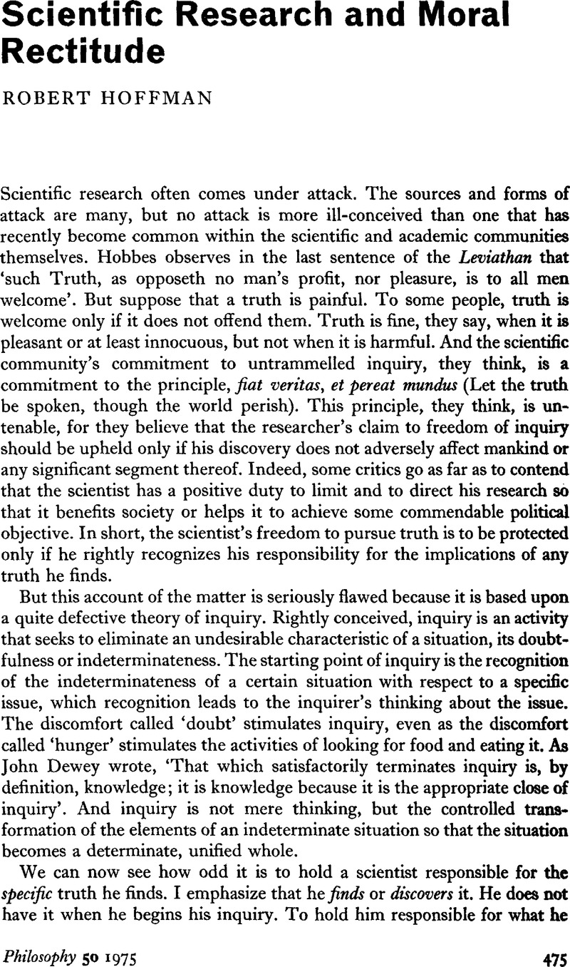 Scientific Research and Moral Rectitude Philosophy Cambridge Core