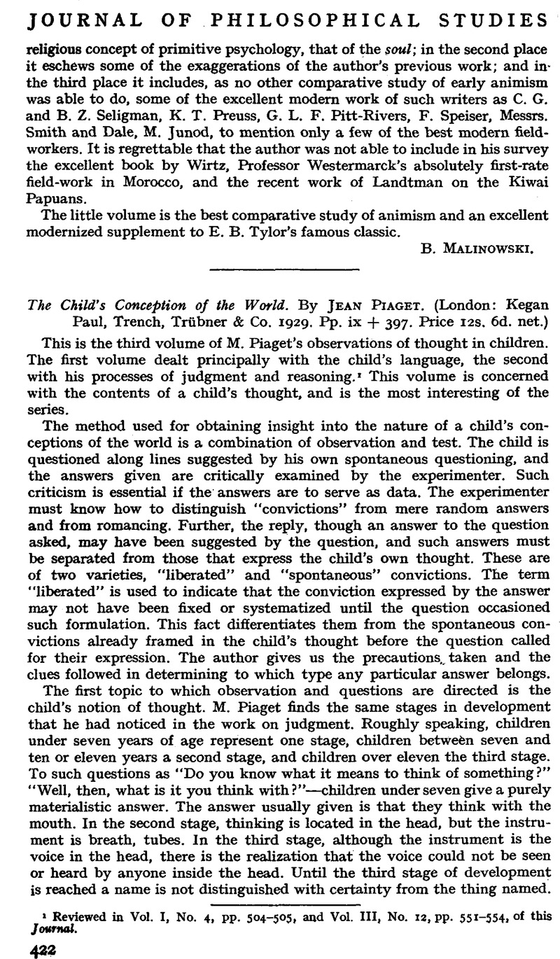 The Child s Conception of the World. By Jean Piaget. London