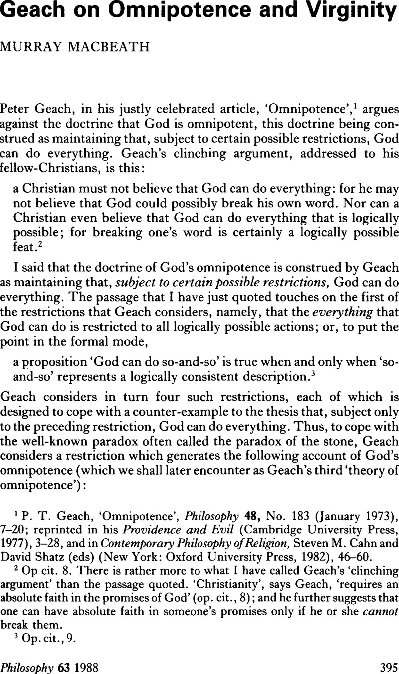 Geach on Omnipotence and Virginity | Philosophy | Cambridge Core