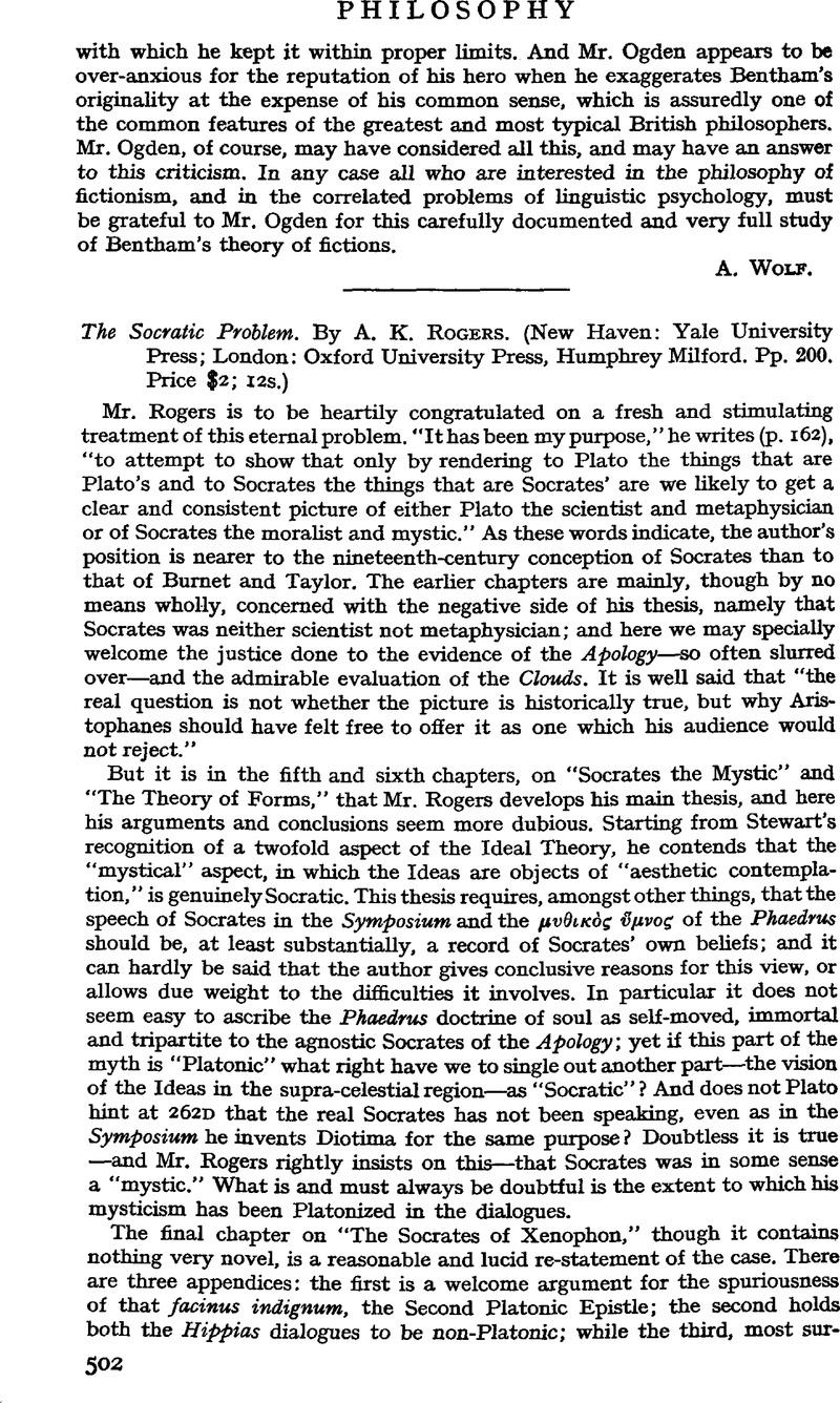 The Socratic Problem. By A. K. Rogers. (New Haven: Yale University ...