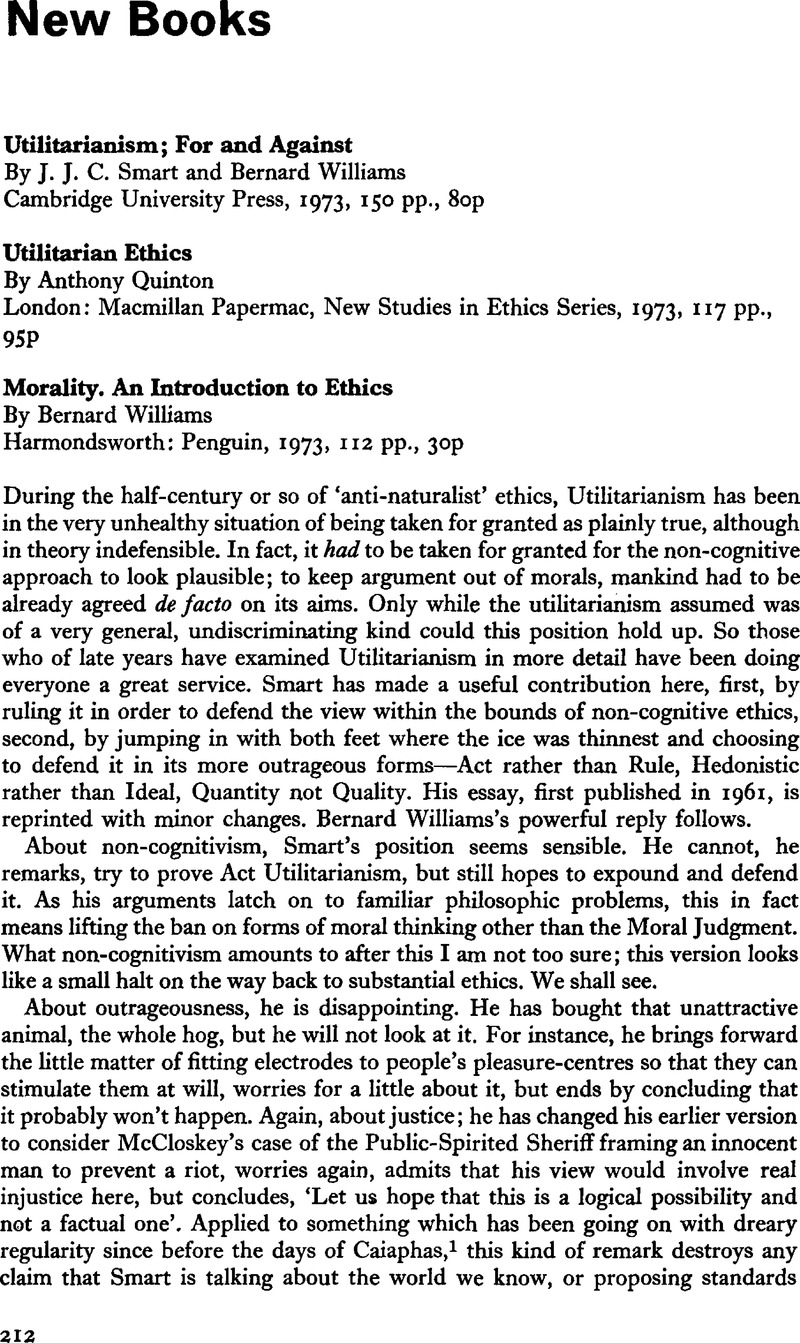 Utilitarianism; For And Against By J. J. C. Smart And Bernard Williams ...