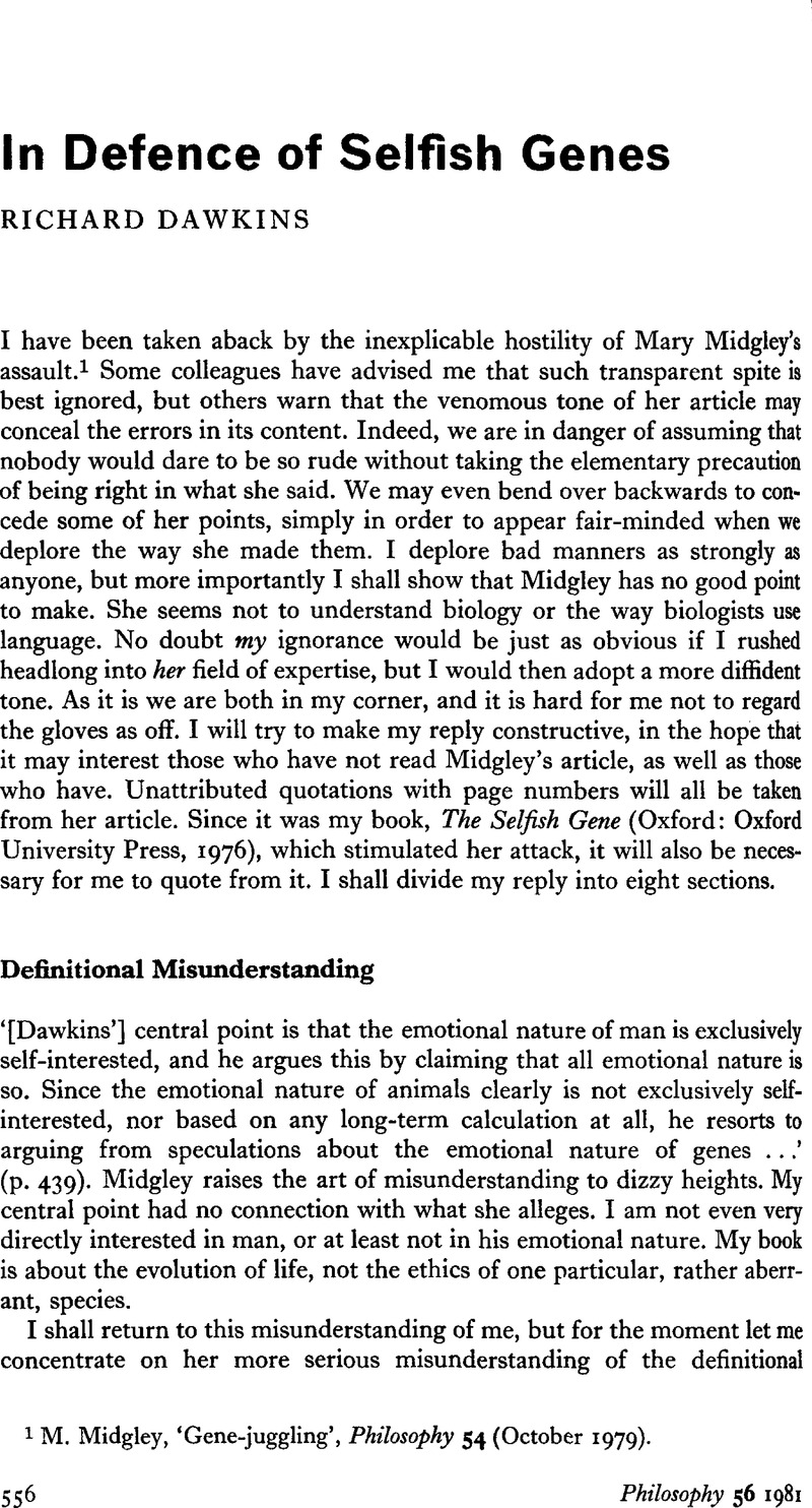 In Defence Of Selfish Genes | Philosophy | Cambridge Core