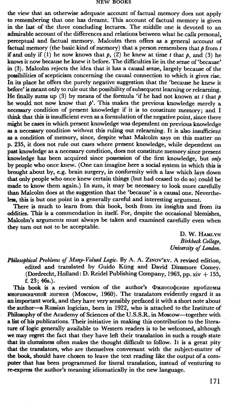 Philosophical Problems of Many-Valued Logic. By A. A. Zinov'ev. A ...