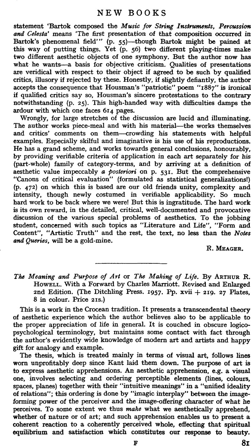 The Meaning And Purpose Of Art Or The Making Of Life By Arthur R Howell With A Forward By 