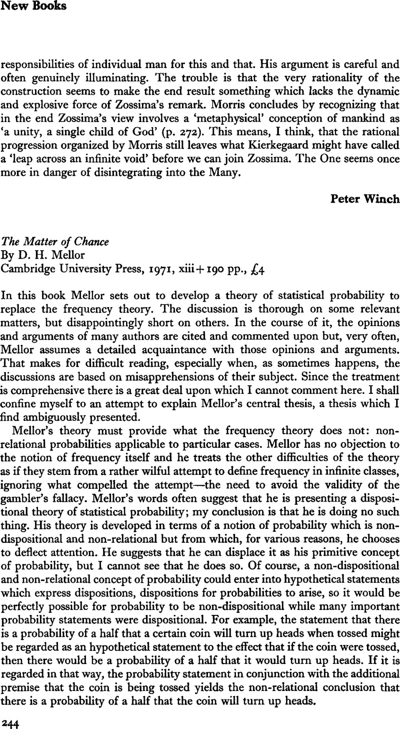 The Matter of Chance By D. H. Mellor Cambridge University Press, 1971 ...