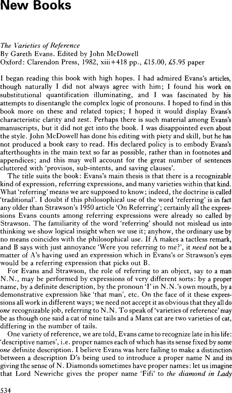 The Varieties of Reference By Gareth Evans Edited by John McDowell