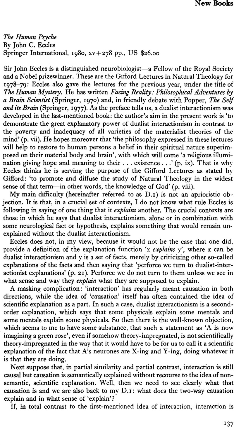 The Human Psyche By John C. Eccles Springer International, 1980, xv+278 ...