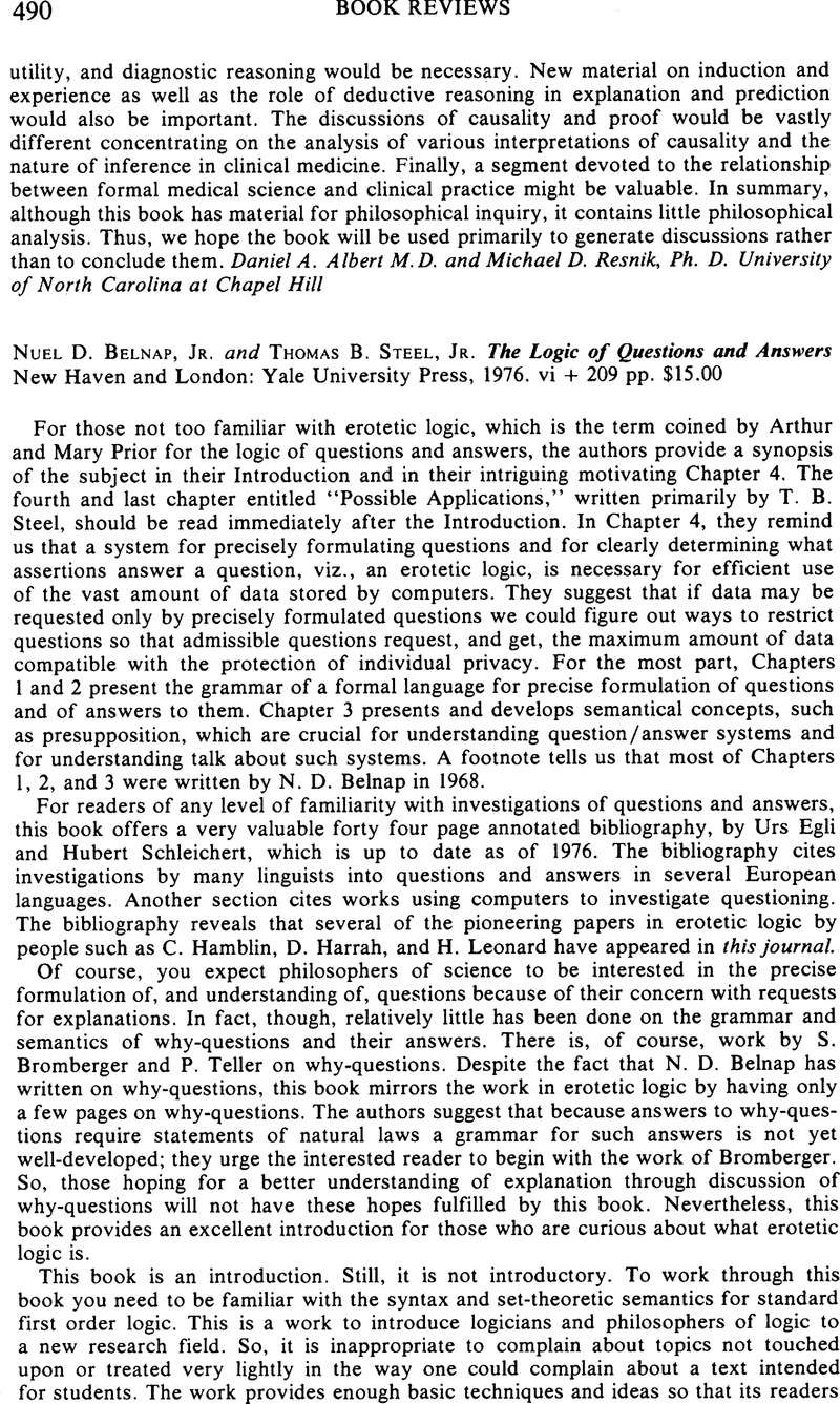 Nuel D. Belnap, Jr. and Thomas B. Steel, Jr. The Logic of Questions and ...