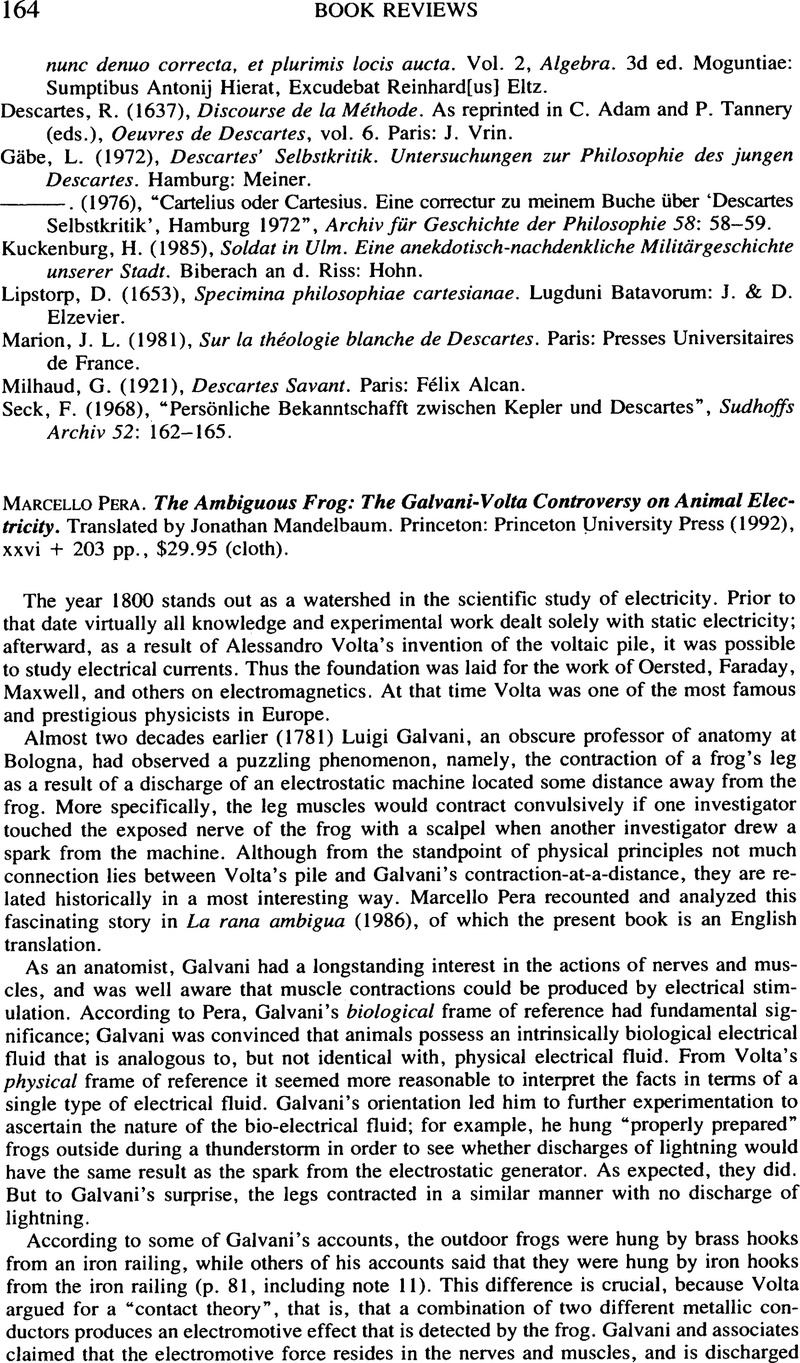 Marcello Pera. The Ambiguous Frog: The Galvani-volta Controversy On 