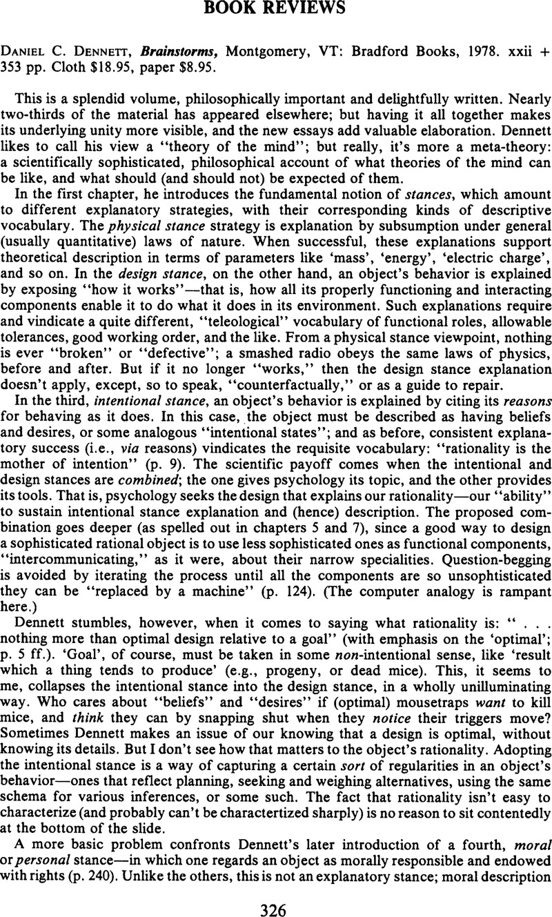 Daniel C. Dennett, Brainstorms, Montgomery, VT: Bradford Books, 1978 ...