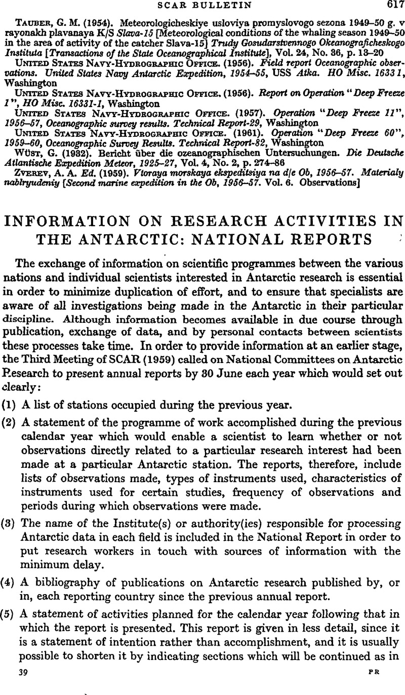 Information On Research Activities In The Antarctic National Reports Polar Record Cambridge 