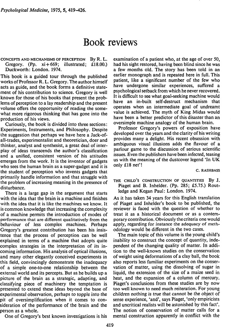 Concepts and Mechanisms of Perception By R. L. Gregory. Pp. xi